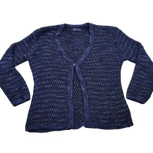 Jones New York Womens‎ Ribbon Knit Button Front Cardigan Top Open Weave L Blue